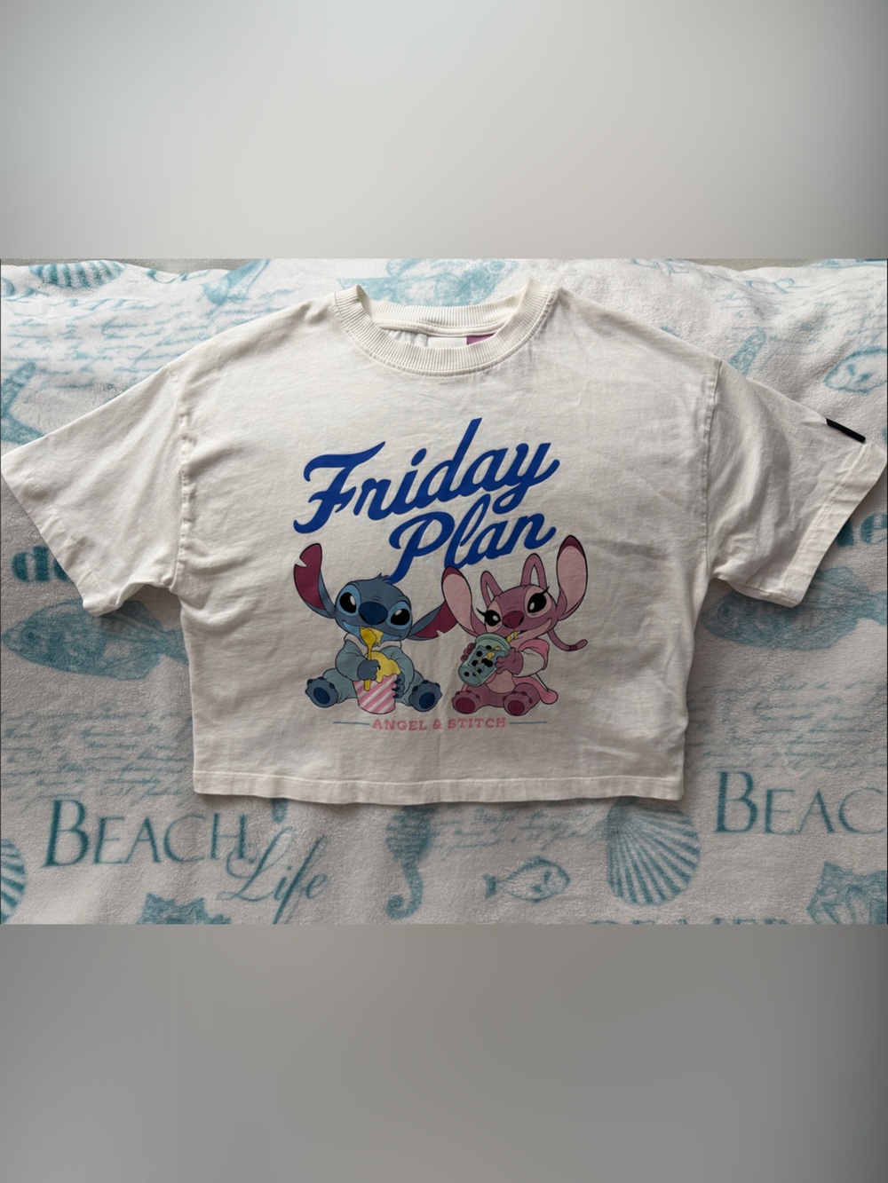 Zara Disney White Kids Tee with Blue 'Friday Plan' & Stitch + Angel Graphic